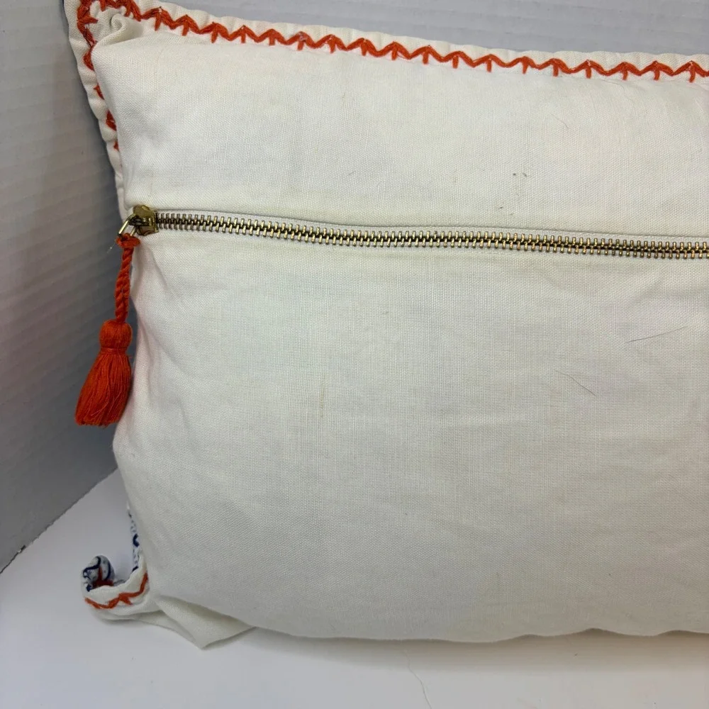 Serena & Lily Blue Geometric Block Print Lumbar Pillow Cover Orange Whipstitch